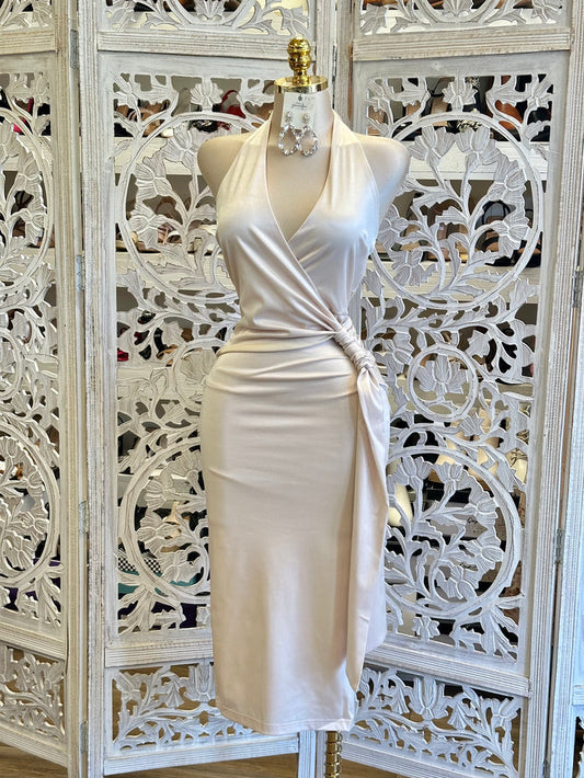 Knotted Midi Off White Dress-Stretchy, Estira