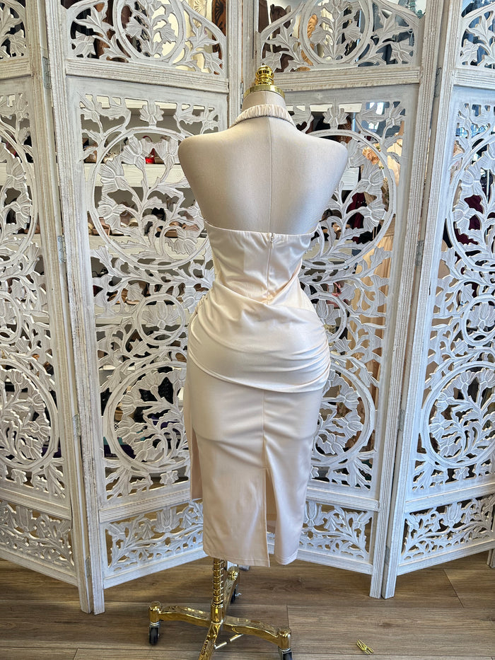 Knotted Midi Off White Dress-Stretchy, Estira