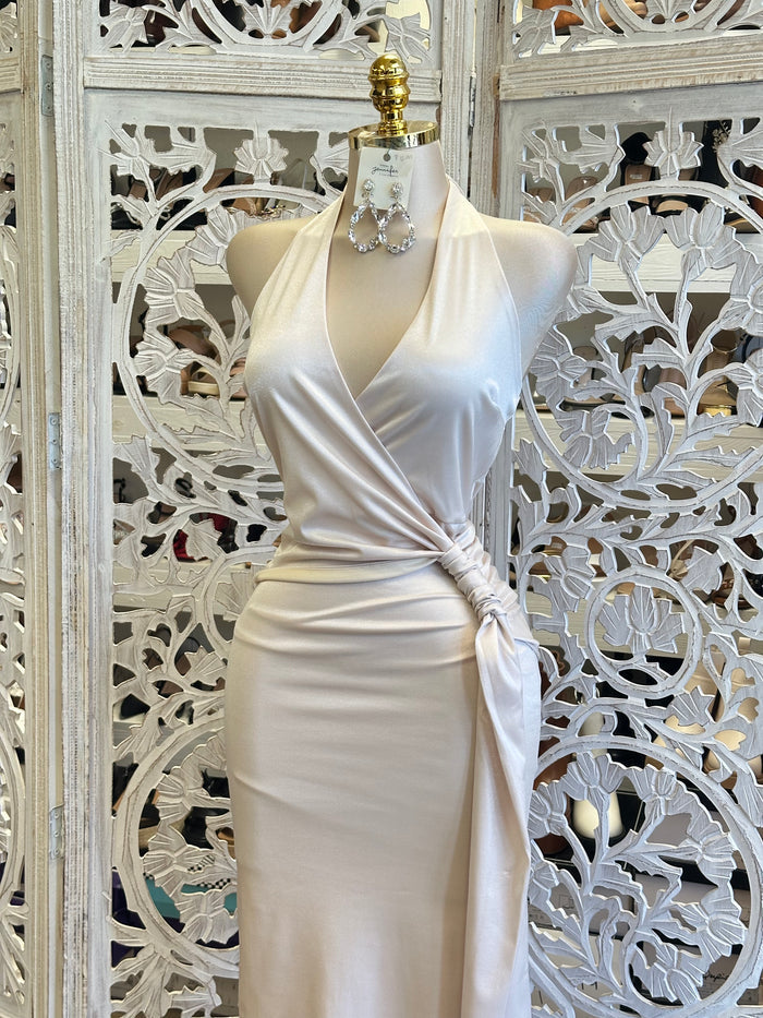 Knotted Midi Off White Dress-Stretchy, Estira