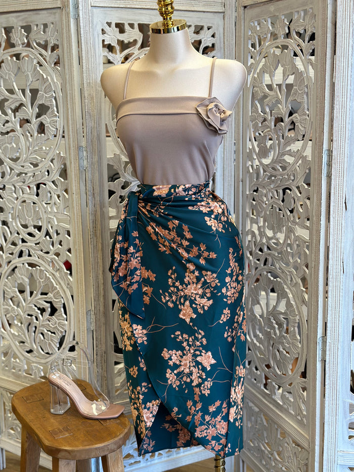 Knotted Wrapped Floral Satin Skirt- Slightly Stretchy