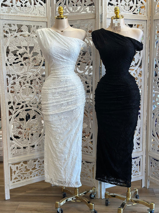 Lace Assymetrical Midi Dress-Estira , Stretchy