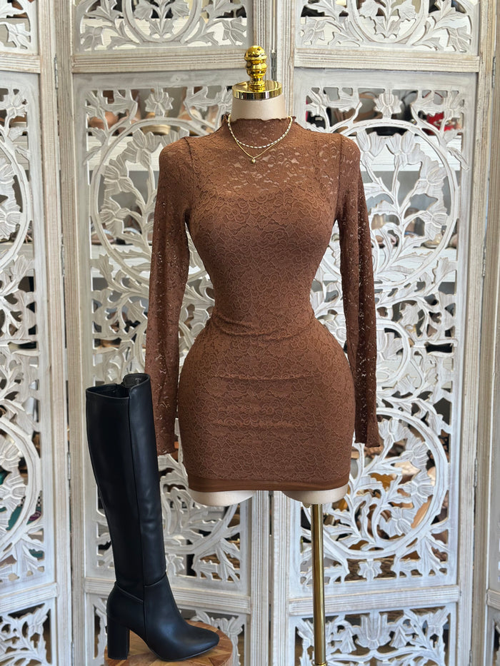 Lace Brown Mock Neck Mini Dress- Slightly Stretchy,Estira Poco