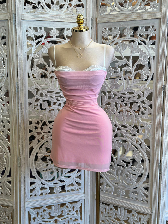 Lace Cami Pink Mini Dress- Stretchy, Estira