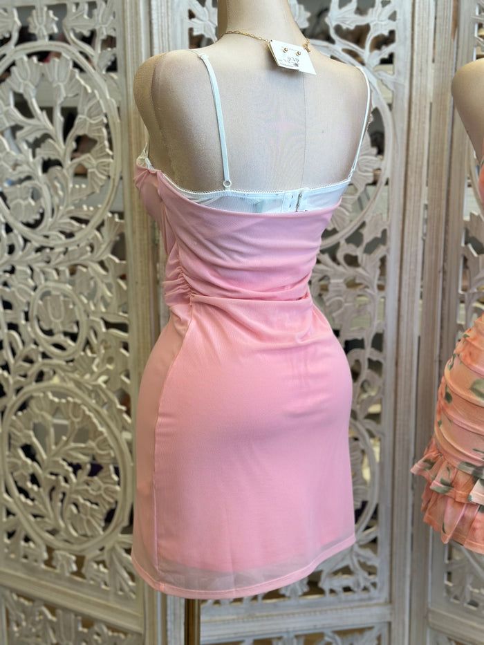Lace Cami Pink Mini Dress- Stretchy, Estira