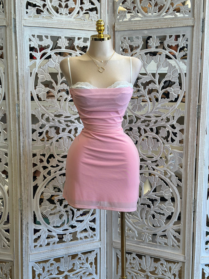 Lace Cami Pink Mini Dress- Stretchy, Estira