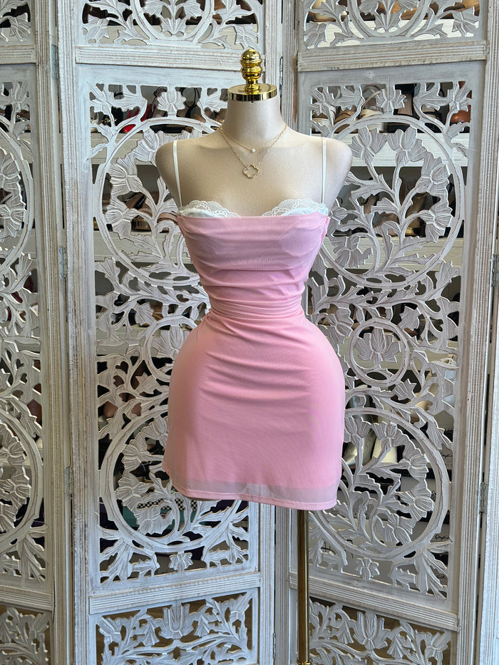 Lace Cami Pink Mini Dress- Stretchy, Estira