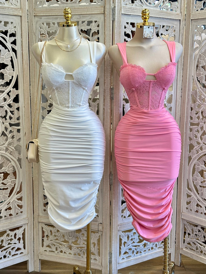 Lace Corset Midi Ruched Dress- Estira, Stretchy