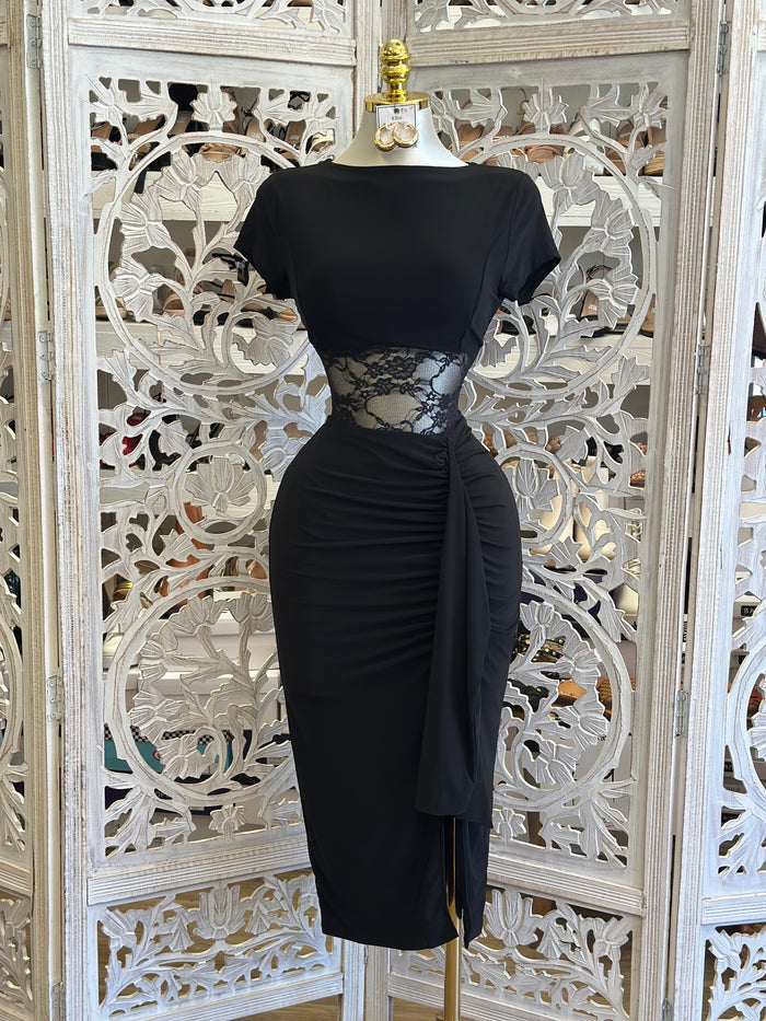 Lace Cutout Boatneck Dress - Estira, Stretchy