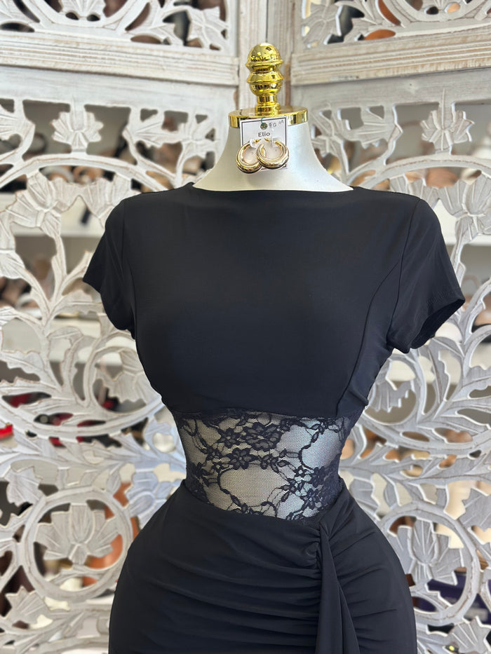 Lace Cutout Boatneck Dress - Estira, Stretchy