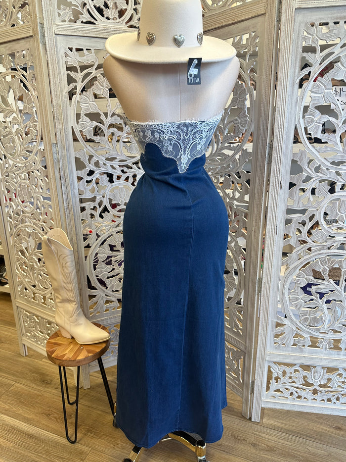 Lace Denim Maxi Dress - Slightly Stretchy, Estira Poco