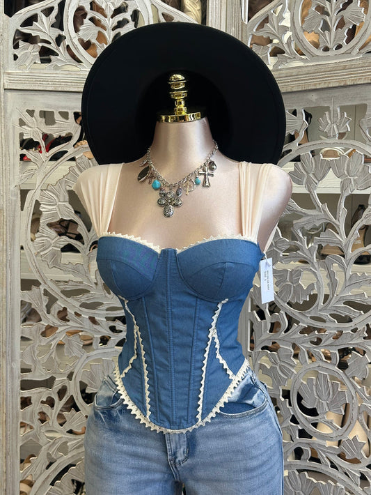 Lace Lined Denim Top- Estira, Stretchy