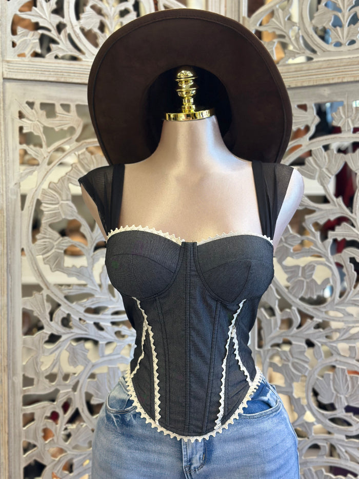 Lace Lined Denim Top- Estira, Stretchy