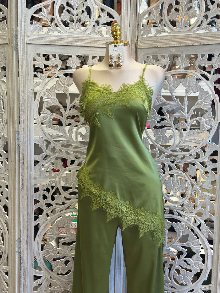 Lace Lined Green Satin Set-Stretchy, Estira