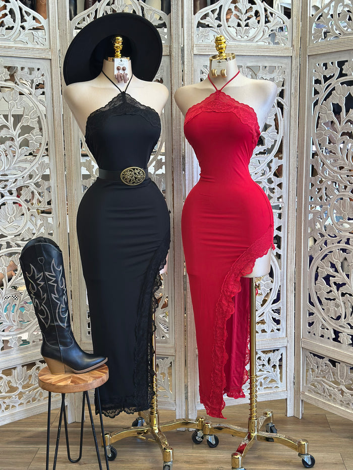 Lace Lined Halter Midi Dress- Stretchy poco