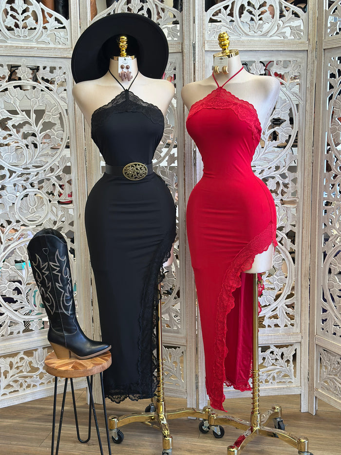 Lace Lined Halter Midi Dress- Stretchy poco