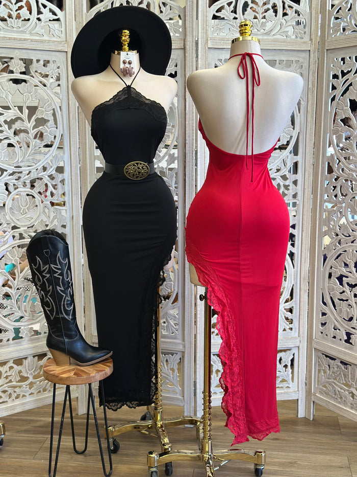 Lace Lined Halter Midi Dress- Stretchy poco