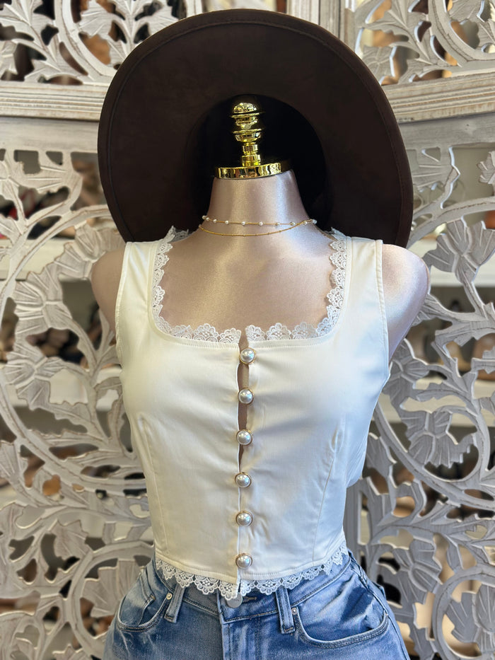 Lace Lined Pearl Button Top- Estira, Stretchy