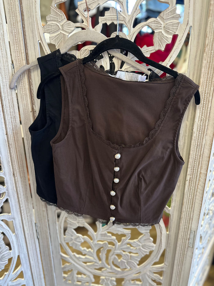Lace Lined Pearl Button Top- Estira, Stretchy