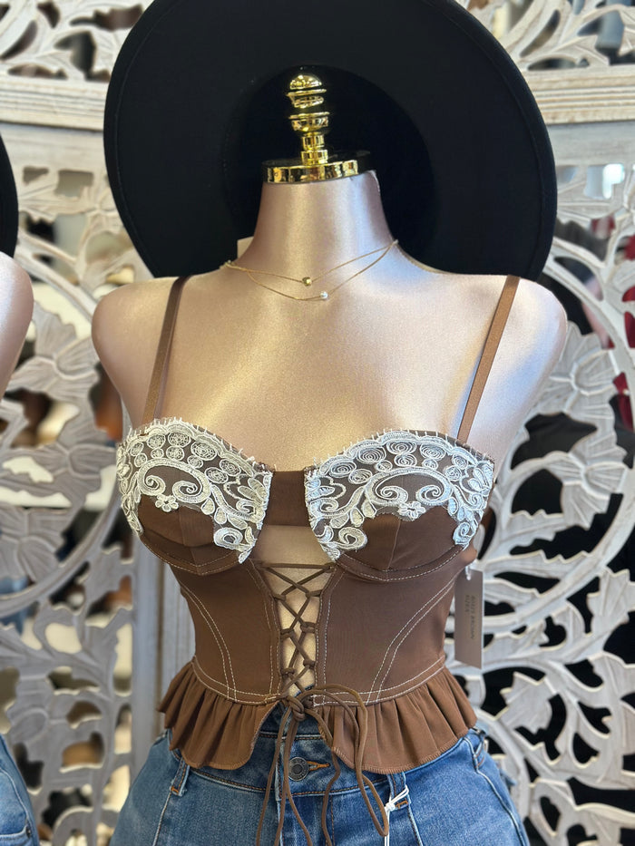 Lace Lined Tie Up Mini Top - Estira, Stretchy