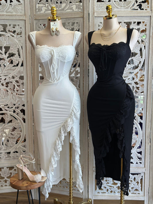 Lace Mesh Corset Midi Dress-Estira, Stretchy