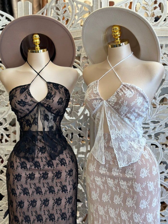 Lace Midi Skirt and Split Blouse Set - Estira, Stretchy