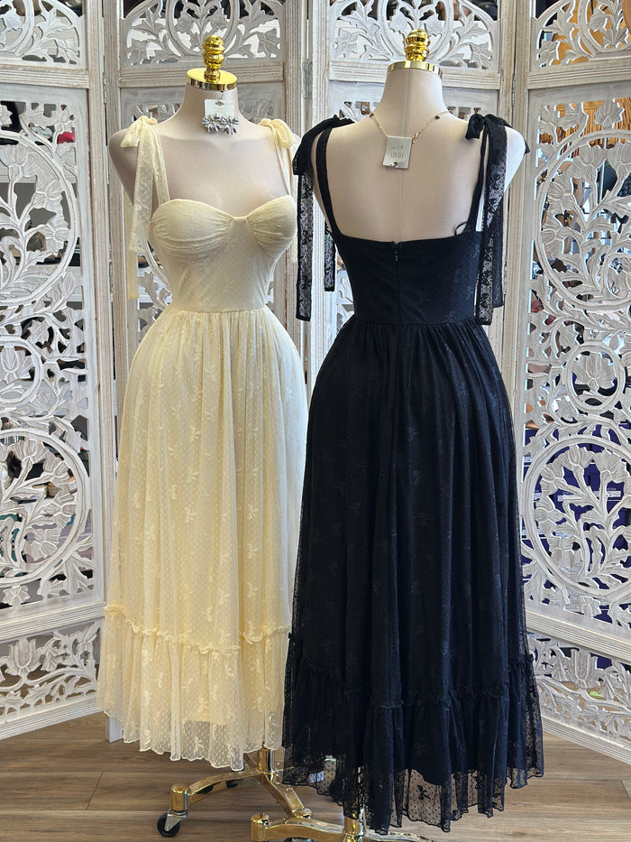 Lace Ribbon Strap Midi Dress - no Estira,  no Stretchy