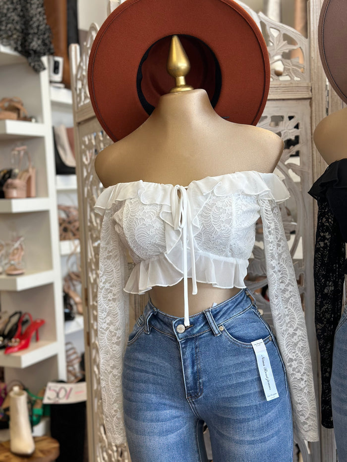 Lace Tie Off Shoulder Cropped Ruffled Blouse