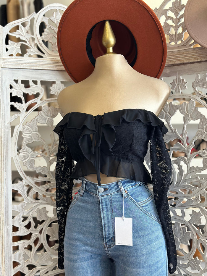 Lace Tie Off Shoulder Cropped Ruffled Blouse