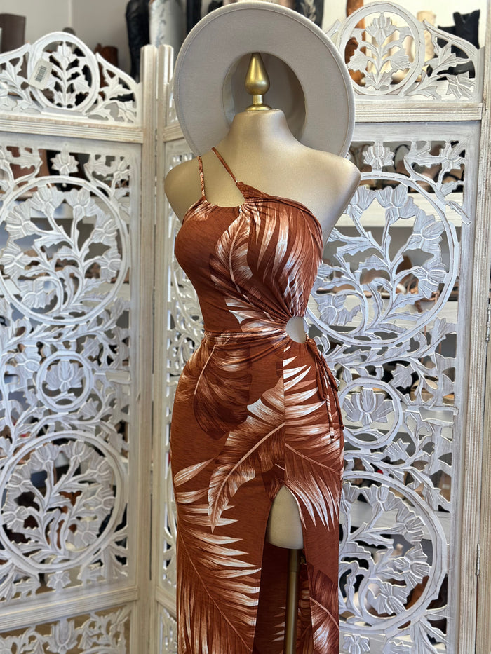 Leaf Pattern Rust Cutout Dress - Estira, Stretchy