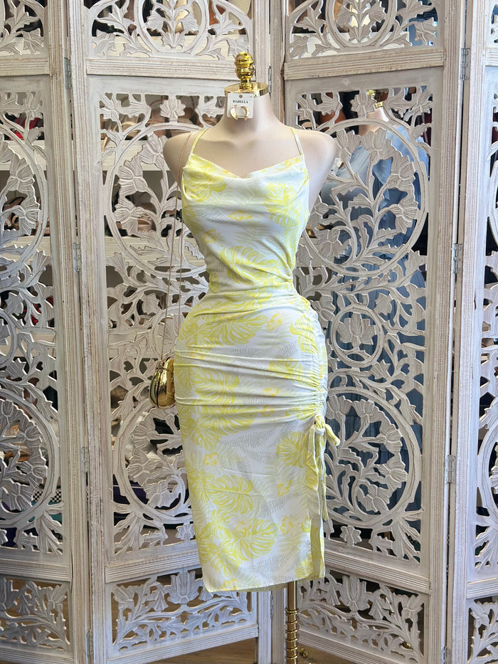 Leaf Pattern Yellow Ruched Dress -No Estira, Not Stretchy