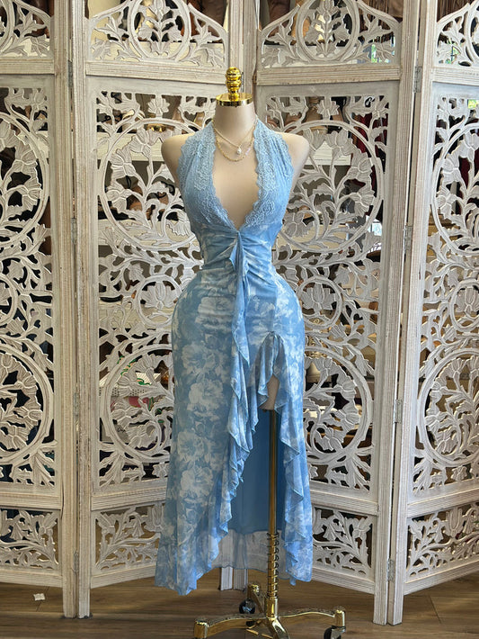 Light Blue Lace Lined Floral Midi Dress -Stretchy, Estira