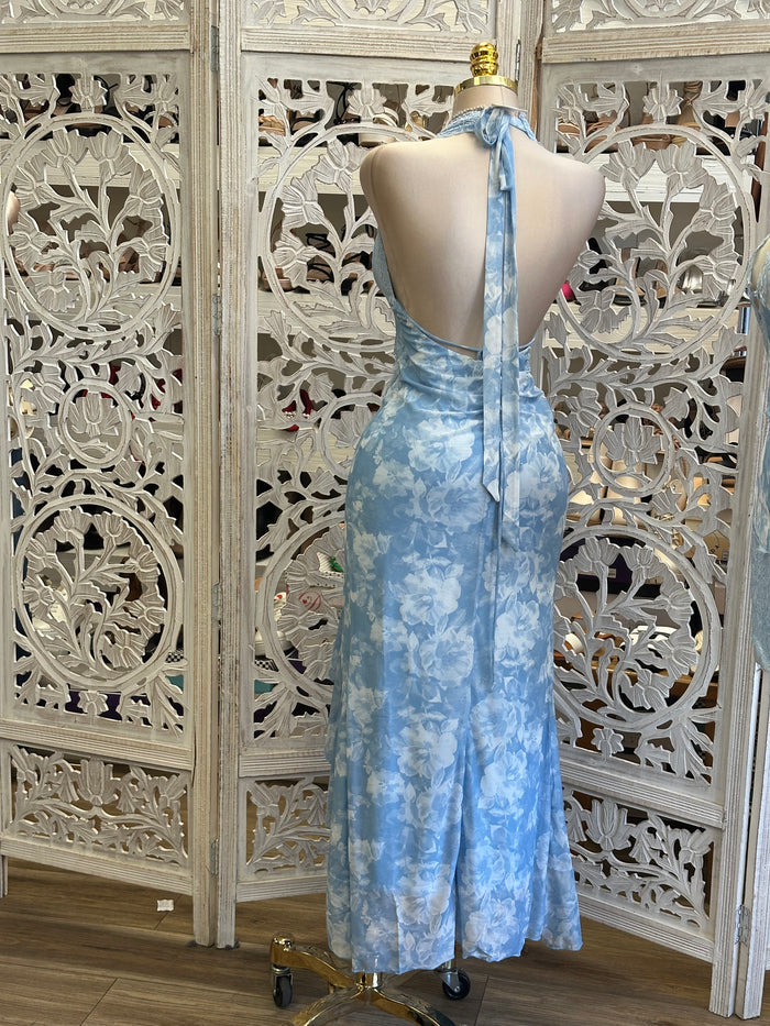Light Blue Lace Lined Floral Midi Dress -Stretchy, Estira