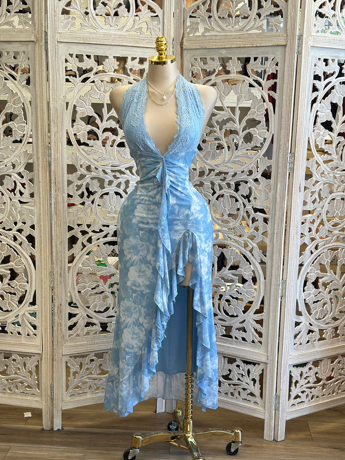 Light Blue Lace Lined Floral Midi Dress -Stretchy, Estira
