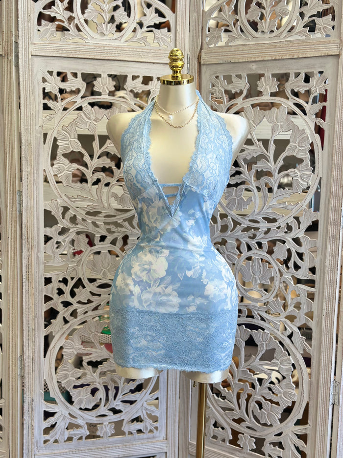 Light Blue Lace Lined Floral Mini Dress -Stretchy, Estira