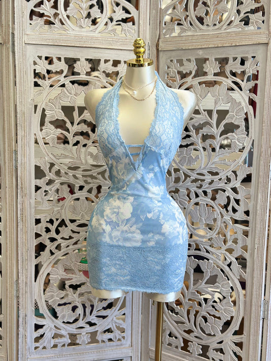 Light Blue Lace Lined Floral Mini Dress -Stretchy, Estira