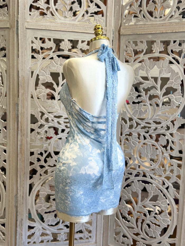 Light Blue Lace Lined Floral Mini Dress -Stretchy, Estira