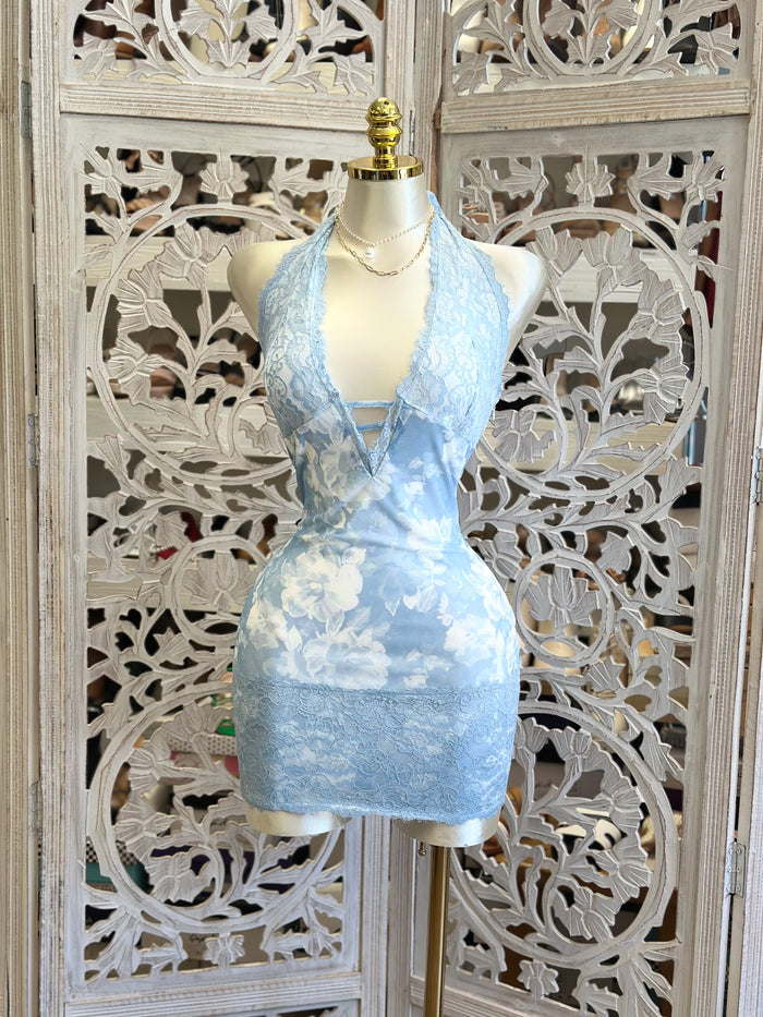 Light Blue Lace Lined Floral Mini Dress -Stretchy, Estira