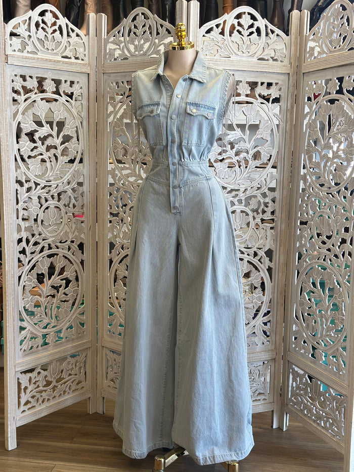 Light Denim Wide Leg Jumpsuit - Not Stretchy,No Estira