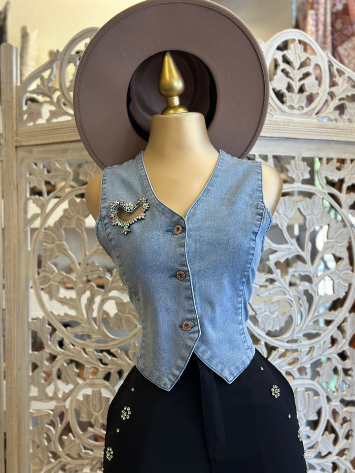 Light Heart Rhinestone Cutout Denim Vest- Slightly Stretchy