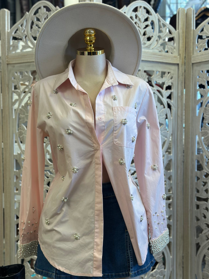 Light Pink Pearl Button Up Blouse- Estira, Stretchy