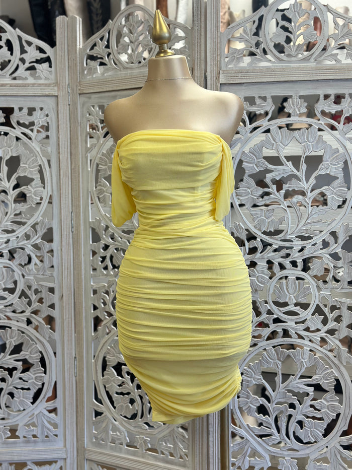 Light Yellow Off Shoulder Ruched Midi Dress- Stretchy