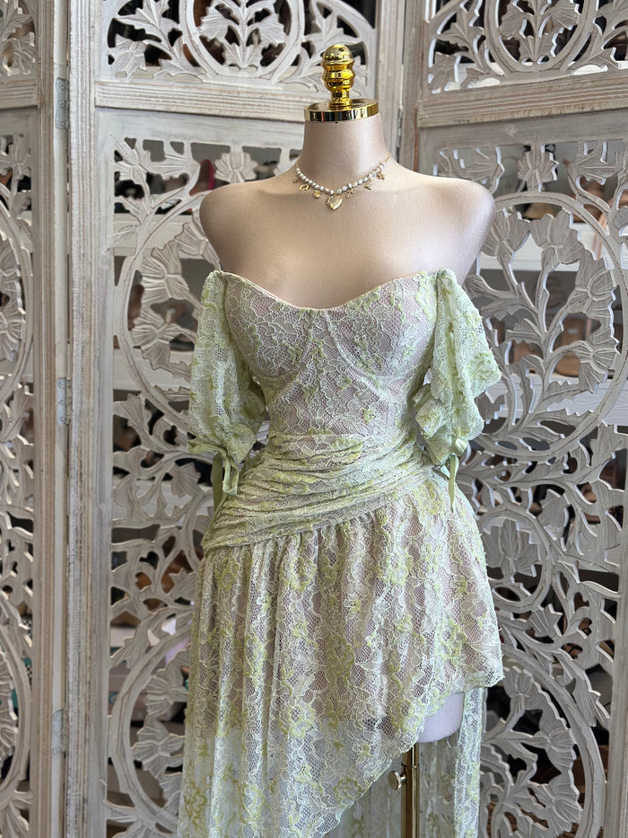 Lime Lace Boho High Low Dress- Not Stretchy, No Estira