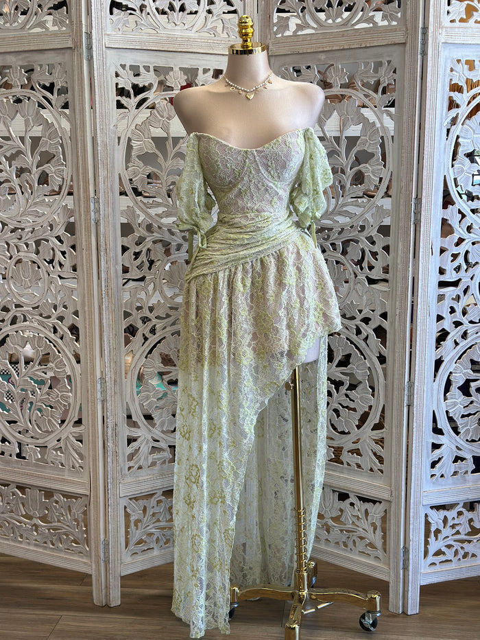 Lime Lace Boho High Low Dress- Not Stretchy, No Estira
