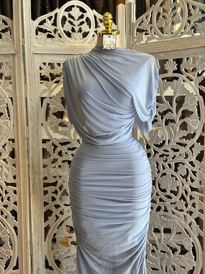 Linen Blue Draped Dress-Estira, Stretchy
