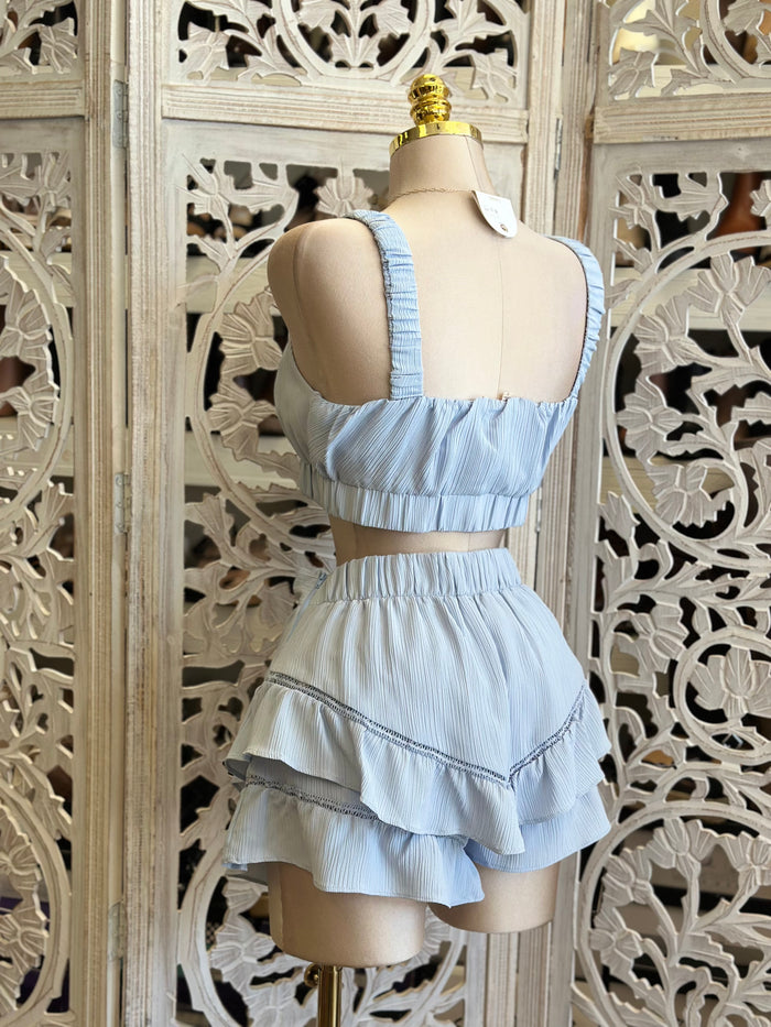 Linen Blue Mini Skirt Set- Slightly Stretchy, Estira Poco