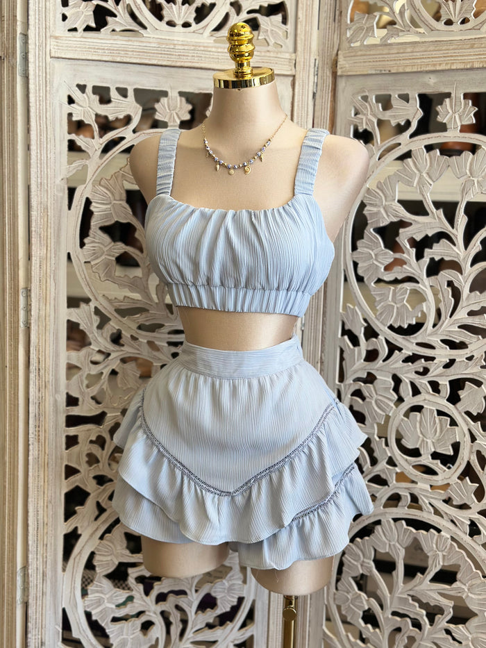 Linen Blue Mini Skirt Set- Slightly Stretchy, Estira Poco