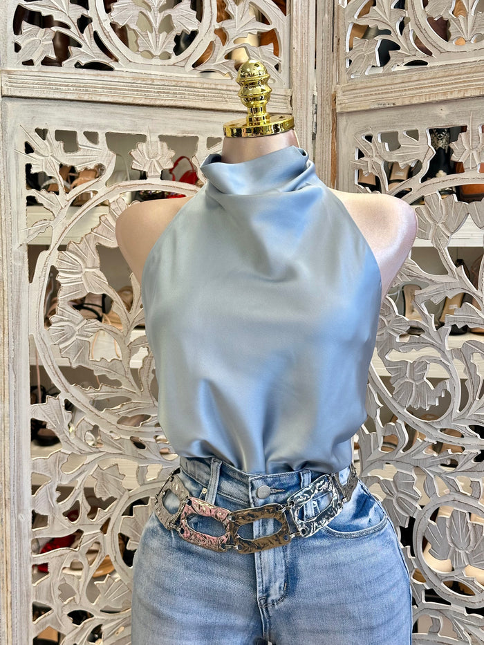 Linen Blue Satin Backless Blouse