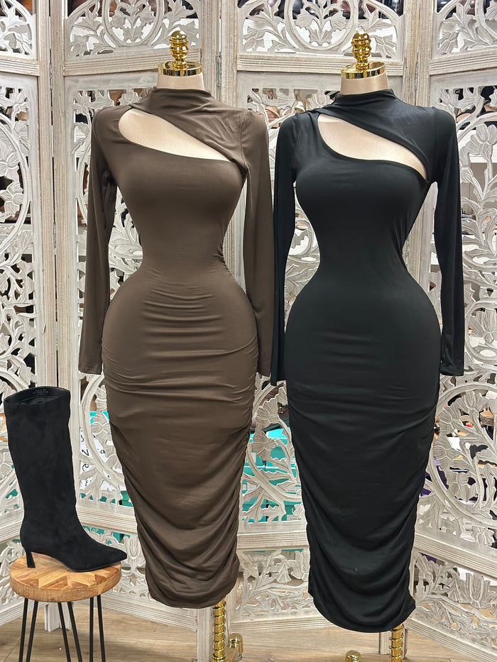 Long Sleeve Cutout Midi Dress- Stretchy,Estira