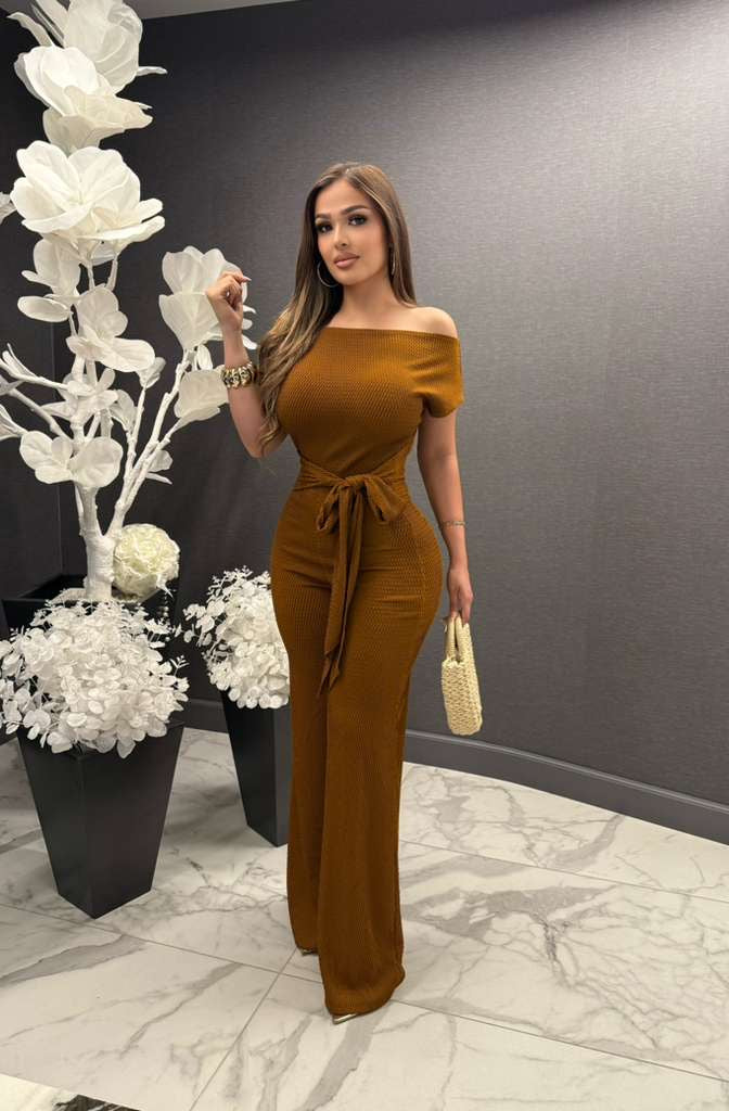 Mahogany Ribbed Asymmetrical Jumpsuit - Stretchy,Estira