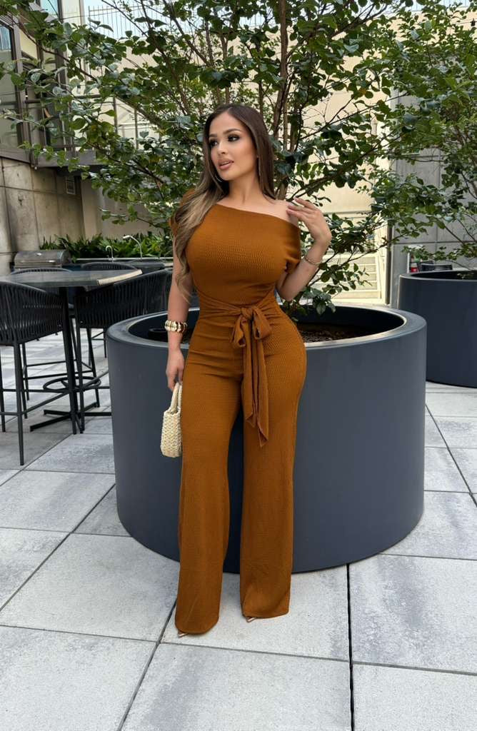 Mahogany Ribbed Asymmetrical Jumpsuit - Stretchy,Estira